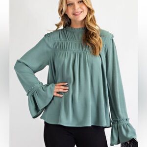 Women's Sage Green Ruffled Yoke Blouse